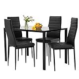 FDW | 5-Piece Dining Table Set | Black | Glass Kitchen Table with 4 Upholstered Chairs and Faux Leather Cushions | Space-Saving and Modern Design | for Dining Room, Easy to Assemble