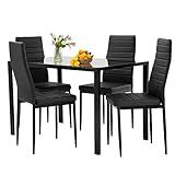 FDW | 5-Piece Dining Table Set | Black | Glass Kitchen Table with 4 Upholstered Chairs and Faux Leather Cushions | Space-Saving and Modern Design | for Dining Room, Easy to Assemble