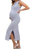 OUGES Women's Summer Maternity Dress for Photoshoot Baby Shower Midi Dress Sleeveless Crewneck Side Slit Bodycon Striped Knit Sweater Dress(Blue Yellow Striped,M)