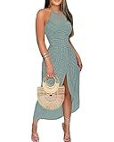CHICME Womens Holiday Beach Dress Halter Hollow-Out A Line Dress Maxi Sundress Vacation Dresses-GR-M Green
