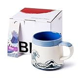 BICETTO Handmade 15oz Japanese Ukiyo-e Large Ceramic Coffee Mug, Artistic Pottery Big Tea Cup for Office & Home, Microwave & Dishwasher Safe (Great Wave)