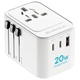 decqle Universal Travel Adapter, International Travel Plug Adapter with 2 USB-C(PD 20W) ＆ 1 USB-A Ports, All in One Portable Adaptor, for USA, UK, EU, AU ＆ 224+ Countries (White) US