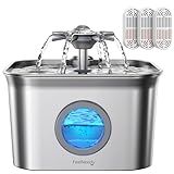 Stainless Steel Cat Water Fountain for Drinking with 3 Filters, 2.8L Auto Pet Drinking Fountain for Cats with 20dB Ultra-Quiet Pump, 24/7 Circulation Filtration LED Water Level Window Dishwasher Safe