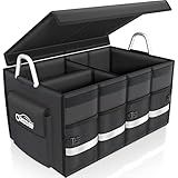Oasser Trunk Organizer Cargo Organizer Trunk Storage Waterproof Collapsible Durable Multi Compartments with Foldable Hard Cover Aluminium Alloy Handle Reflective Strip (Large, Black)