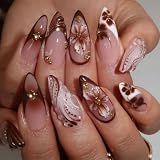 French Tips Press on Nails Medium Almond Nails Press on with 5D Flower Charm Design Glossy Brown Glue on Nails Water Ripple Rhinestones Fake Nail Reusable Fall Winter Nail for Women Manicure 24Pcs