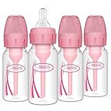 Dr. Brown's Natural Flow Anti-Colic Options+ Narrow Baby Bottle, 4 oz/120 mL, with Level 1 Slow Flow Nipple, Pink, 0m+, 4 Pack