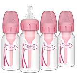 Dr. Brown's Natural Flow Anti-Colic Options+ Narrow Baby Bottle, 4 oz/120 mL, with Level 1 Slow Flow Nipple, Pink, 0m+, 4 Pack