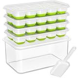 DOQAUS Ice Cube Tray with Lid and Bin, 4 Pack Silicone Plastic Ice Cubes Trays for Freezer with Box/Container, Stackable with Storage Iced Bucket Kits, Scoop, for Soup, Food, Cocktail, Coffee