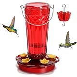 Hummingbird Feeder-14 Ounces，5 Feeding Ports Glass Hummingbird feeders for Outdoors,Wide Mouth for Easy Filling/Cleaning，Hanging for Garden Backyard Decor, Includes Ant Moat (Red，1Pack)