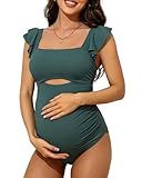 Charmo Women Maternity Swimsuit Cute Ruffle Sleeves Maternity One-Piece Swimsuits Square Neck Pregnancy Swimsuit Green