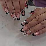 CTTHNBD Medium Press on Nails Coffin - Black French Tip Fake Nails with Bow Charms Design - Heart False Nails Press ons - for Women 24 Pcs