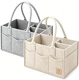 HIPHOP PANDA 2-Pack Diaper Caddy Organizer - Newborn Essentials Baby Registry Must Haves - Sturdy Nursery Storage Bin & Portable Car Caddy for Diapers & Wipes - Grey/Oatmeal Gift Set