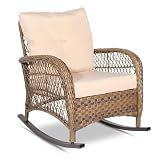 VIVIJASON Outdoor Wicker Rocking Chair, Patio Rattan Rocker Chair with Cushions & Steel Frame, All-Weather Rocking Lawn Wicker Furniture for Garden Backyard Porch (Beige)