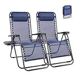NEWBULIG Zero Gravity Chair Set of 2, Lounge Chair Folding Portable Adjustable Camping Reclining Chairs with Adjustable Pollow, Mesh Back, Cup Holder Trays Lawn Patio Chair for Pool Beach - Blue