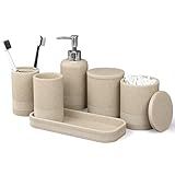 LIN CHUAN 6-Piece Bathroom Accessories Set, Bathroom Accessory Set with Soap Dispenser, Toothbrush Holder Set, Vanity Tray, Tumbler & 2 Cotton Swab Jars, Modern Stylish Bathroom Organizer(Beige)