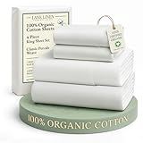 LANE LINEN 100% Organic Cotton King Size Sheets Set, Soft & Comfy All Season Breathable Sheets King Size, Percale Weave Fully Elasticized Eco Friendly Naturally Cooling King White Bed Sheets