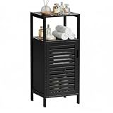 HITNET Bamboo Floor Cabinet, Small Bathroom Cabinet Floor Standing, 4 Tier Narrow Side Storage Cabinet, Space Saving Kitchen Cupboard with Single Door, Black