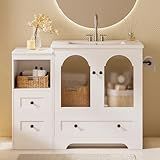 IRONCK 42 Inch Bathroom Vanity with Sink Set, Bathroom Cabinet Vanity with 2 Visual Buffer Gate, Pedestal Sink Storage Cabinet with 3 Drawers, Open Cubby, Swap Sides Design, White