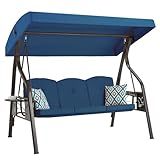 ZZW 3-Seat Outdoor Porch Swing with Stand, Patio Swing with Canopy, 2 in 1 Porch Swing Bed & Patio Swing Chair for Adult w/Extra Pillows and Cup Holder for Yard (Blue)