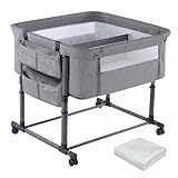 MTWML Twin Bassinet for 2 Babies,Portable Twins Crib with Storage Bag and Replaceable Mattress Cover,Adjustable Height Double Bedside Crib Attaches to Bed with Strap for 0-6 Months Twins Baby Grey