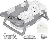 MoreFeel Collapsible Baby Bathtub for Newborn with Thermometer & 1 Hooded Towel & 1 Soft Floating Cushion,Portable Travel Bathtub with Drain Hole, Durable Foldable Baby Tubs for Infants to Toddler