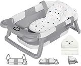 MoreFeel Collapsible Baby Bathtub for Newborn with Thermometer & 1 Hooded Towel & 1 Soft Floating Cushion,Portable Travel Bathtub with Drain Hole, Durable Foldable Baby Tubs for Infants to Toddler