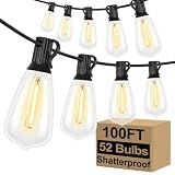 Brightever LED Outdoor String Lights 100FT Patio Lights with 52 Shatterproof ST38 Vintage Edison Bulbs, Outside Hanging Light Waterproof for Porch, Deck, Garden, Backyard, Balcony, 2700K Dimmable