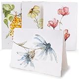 WANDERINGS Handmade Deckle Edge Blank Greeting Cards & Envelopes with Flower Art - Thick 300gsm paper– 20 Cards (5 Each of 4 Varieties) for Invitations, Thank Yous, Get Well and Birthday Cards –5x7