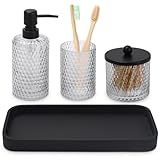 Bathroom Accessory Set,4 Pcs Clear Glass Bathroom Accessories Set-Lotion Soap Dispenser,Toothbrush Holder,Qtip Holder Dispenser & Resin Vanity Tray,Countertop Vanity Organizer,Crystal Clear