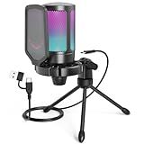 FIFINE Gaming USB Microphone for PC PS5, Condenser Mic with Quick Mute, RGB Indicator, Tripod Stand, Pop Filter, Shock Mount, Gain Control for Streaming Discord Twitch Podcasts Videos- AmpliGame