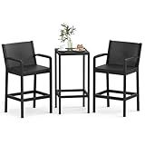COSTWAY 3 Pieces Patio Bar Set, Modern Outdoor Bistro Set with 2 Chairs and 1 Square Bar Table, Curved Backrest and Armrests, Metal Frame, for Garden, Balcony, Poolside, Black