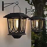 Solar Lanterns Outdoor Waterproof 2 Pack, Glass Auto On/Off LED Hanging Solar Lights, Outdoor Lantern with Wall Mount for Yard Fence Patio - Black
