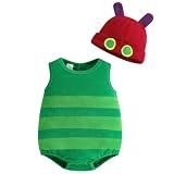 Infant Baby Boys Girls Halloween Hungry Caterpillar Costume Sleeveless Striped Fleece Bodysuit and Hat Outfit Set(Green,6-12 Months)