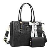 MOSISO Laptop Bag for Women, 17-17.3 inch PU Leather Tote Bag Compatible with MacBook, HP, Dell, Asus Notebook, Front Embossed Retro Hibiscus Computer Bags with Silk Scarf&Clutch Purse, Black