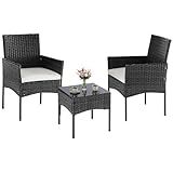 NEWBULIG 3-Piece Patio Furniture Set, Outdoor Wicker Rattan Chairs with Removable Cushion & Tempered Glass Table, Conversation Set Furniture for Porch, Balcony, Deck - Black