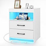 ansefe Night Stand with Charging Station and Ambient Light, LED Nightstand with USB-C Ports and Outlets, Morden Bedside Table with 2 Drawers and Open Compartment, End Table for Bedroom, White