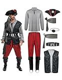 Spooktacular Creations Men Pirate Costume, Adult Grey Pirate Shirt Vest Viking Pants Hat Accessories Set for Halloween Themed Trick or Treating Cosplay Parties (X-Large)