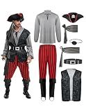Spooktacular Creations Men Pirate Costume, Adult Grey Pirate Shirt Vest Viking Pants Hat Accessories Set for Halloween Themed Trick or Treating Cosplay Parties (Large)