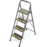 Urackify 4 Step Ladder, Heavy-Duty 800lb Capacity, Wide Anti-Slip Steps & Secure Handrail Compact, Folding Step Stool Portable Design for Home, Kitchen, Office, Pantry, Closet Use, Black