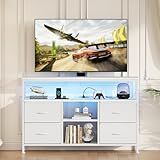 Sweetcrispy TV Stand Dresser for Bedroom 4 Drawers Entertainment Center with LED Lights and Power Outlets Media Console for 50 Inch TV Living Room Furniture with Open Shelf Adjustable Feet, White