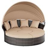 Crownland Round Outdoor Daybed with Retractable Canopy,Patio Daybed with Washable Cushions, Clamshell Sectional Seating, Wicker Furniture for Patio, Garden, Pool (Light Brown)