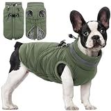 SAWMONG Windproof Waterproof Dog Coat, Reflective Dog Jacket with Built-in Harness, Fleece Lined Cold Weather Coat with Zipper for Winter, Cold Weather Outdoor Adventures(M,Green)