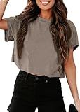 UNCLECAT Women's Cropped T Shirts Trendy Short Sleeve Crew Neck Crop Tops Solid Basic Tee Khaki