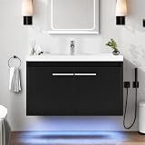 32 Inch Floating Bathroom Vanity with Sink, LED Lights & Cabinet, Black