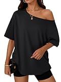 Trendy Queen Womens Off the Shoulder Tops Oversized T-Shirts Short Sleeve Tees Summer 2026 Casual Spring Clothes Workout Gym Y2k Cute Going Out Plus Size Fashion Clothing Black XL