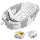 Collapsible Baby Bathtub with Soft Cushion and Thermometer, Newborn to Toddler Tub 0-36 Months with Toy Storage Mesh Bag, Portable Travel Bath for Infants (Grey)