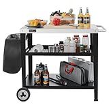 Royal Gourmet PC3404S Rolling Dining Table with Trash Bag Holder, Outdoor Garden Patio BBQ Kitchen Food Prep Table Cart, 34"L x 20"W Stainless Steel Tabletop, Silver & Black