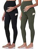 POSHDIVAH 2Pcs Women's Maternity Workout Leggings Over The Belly Pregnancy Yoga Pants with Pockets Soft Active Wear Work Pants Black Green Large