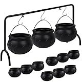 Halloween Cauldrons Serving Bowl Decor, Set of 12 Hanging Black Plastic Cauldron Bowls with Iron Rack, Large and Mini Cauldrons Candy Bucket Punch Bowls for Table Witch Hocus Pocus Party Decorations