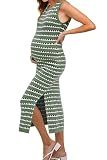 OUGES Women's 2026 Summer Maternity Dress for Photoshoot Baby Shower Midi Dress Sleeveless Crewneck Side Slit Bodycon Striped Knit Sweater Dress(Gray Green White Striped,S)